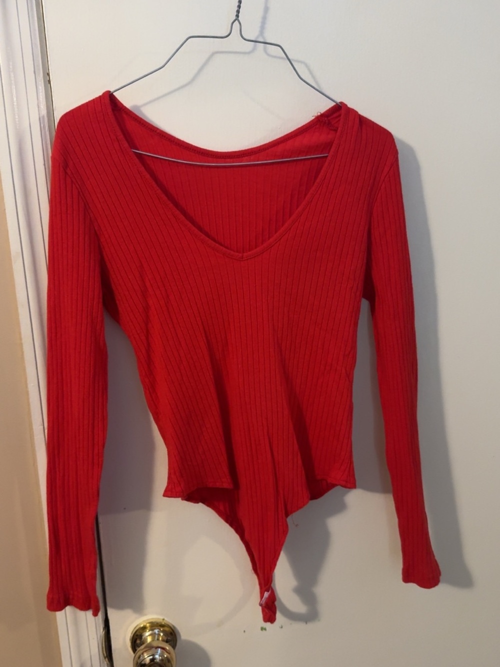 Women’s Red Ribbed V-Neck Long Sleeve Bodysuit